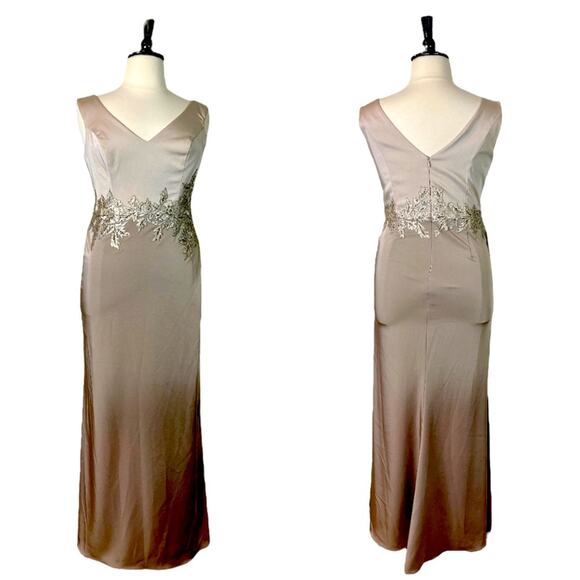 Cameron Blake Evening Gown Dress Sequins A-Line Women’s Champagne Latte Satin 14 - Picture 14 of 15